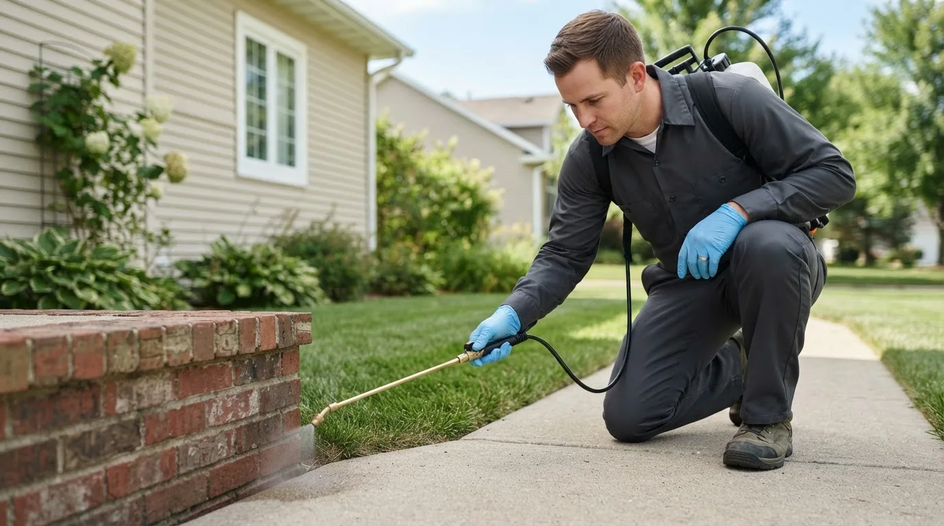 Pest control technician treating a home near Medina, OH